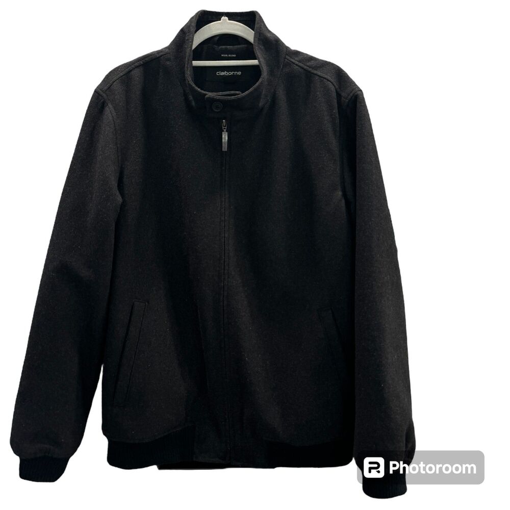 Claiborne Mens Wool Blend University Bomber Black Warm Quilt Lined Winter Wear
